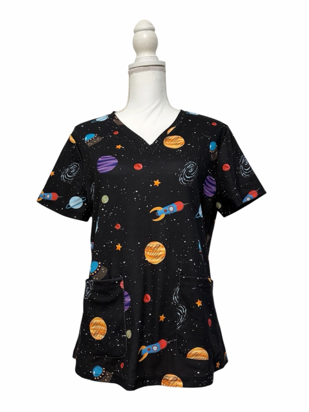 SHEIN Black Rocket and Planet Print Nursing Medical Scrub Top Women’s XL Fitted